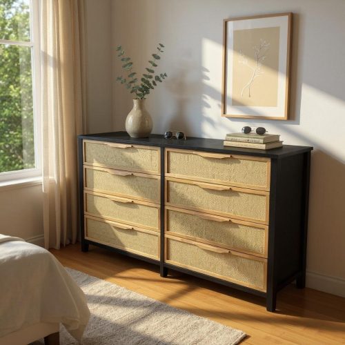 Cómoda Japandi J8 Negra Rafia tostada